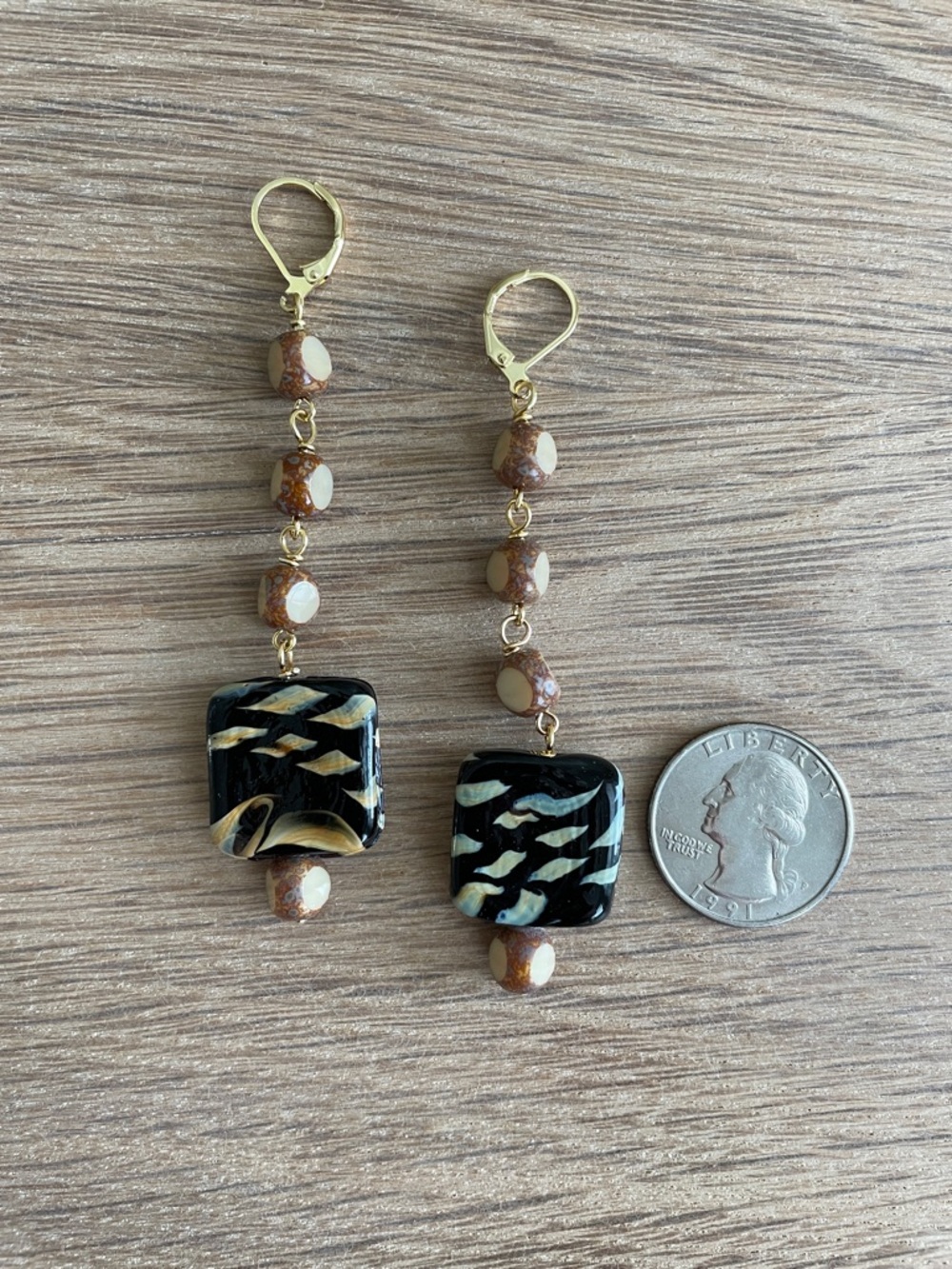 HAND CRAFTED ARTISAN LAMPWORK SQUARE GLASS EARRINGS Neutral Earthy Drop Dangles - Picture 8 of 12